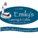 Emily's Catering & Cakes logo, blue handrawn cake and flower